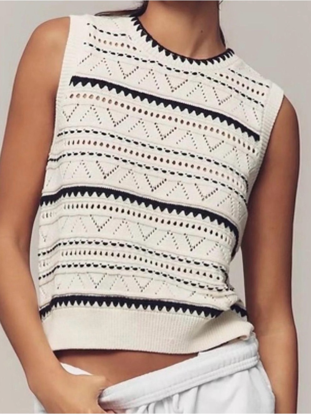 Varley Athena Pointelle Sleeveless White Black Knit Eyelet Tank Size XL NWOT